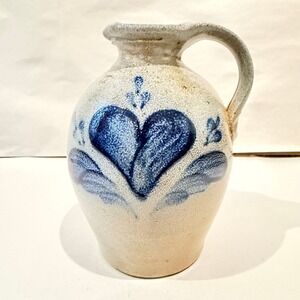 Rowe Pottery Works 1990 Salt Glaze Stoneware Jug Blue Heart Signed Cambridge WI